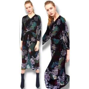 Zara Morocco Black Velvet Floral Long Sleeve Midi Dress Womens S Whimsygoth
